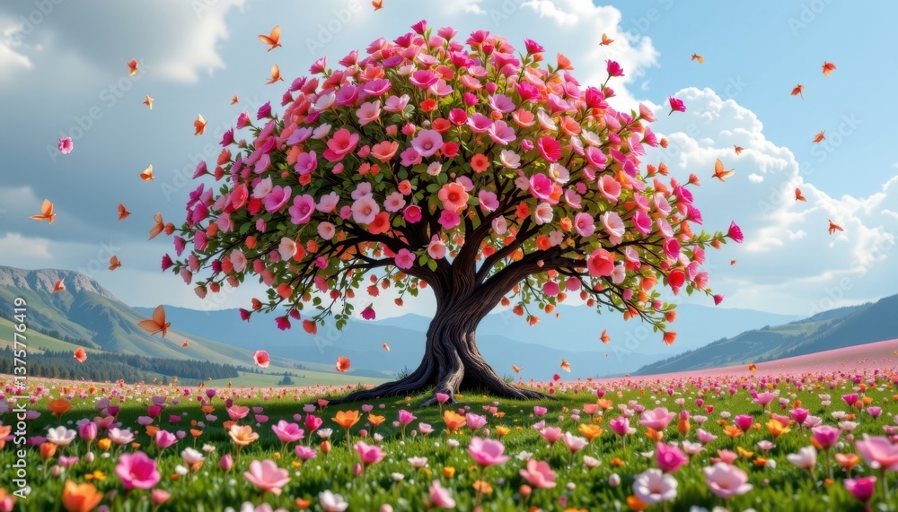 Aufkleber surreal tree with floating flowers imagine a surreal landscape where flowers float in the air, drift