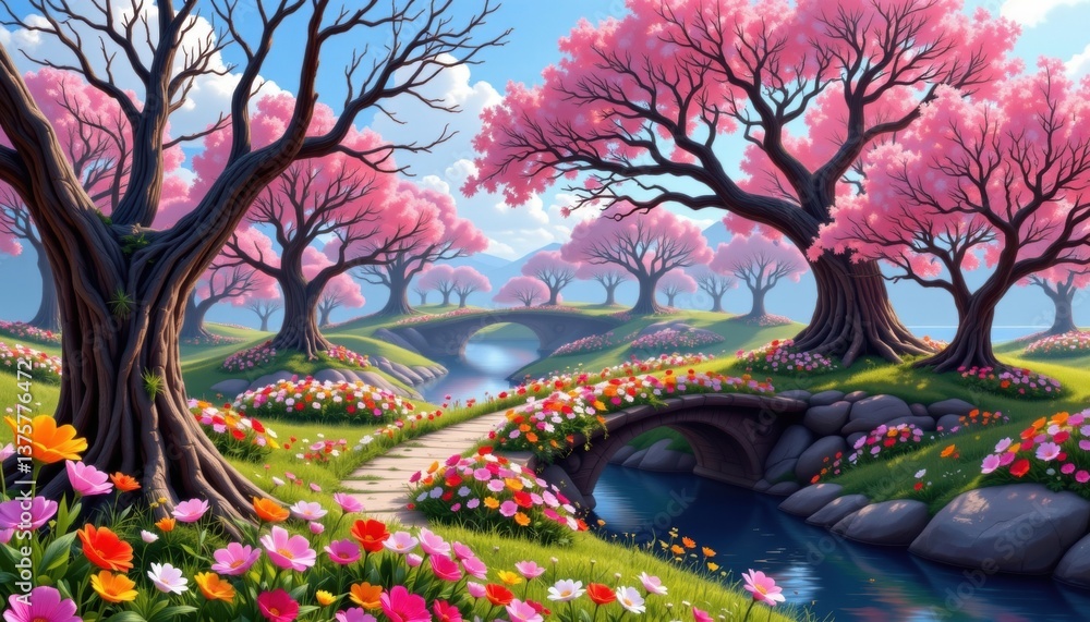 Poster bridges of blooms create a scene where trees are connected by colorful flower bridges, inviting expl