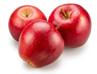 Three ripe red apples on white background. File contains clipping path. Top view.
