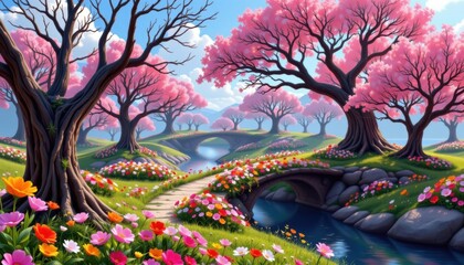 Bridges of Blooms Create a scene where trees are connected by colorful flower bridges, inviting exploration in a serene environment.
