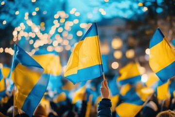 Crowd waving flags of blue and yellow in a public square, bokeh lights, patriotic support, national symbol, handheld flags, protes