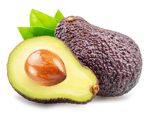Avocado fruit cut in half with leaves isolated on white background. File contains clipping paths.