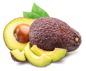Hass avocado fruits and halved avocado with leaves isolated on white background. File contains...