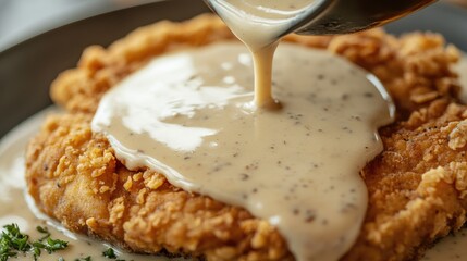 A close-up of country-style gravy being poured over a chicken fried steak.