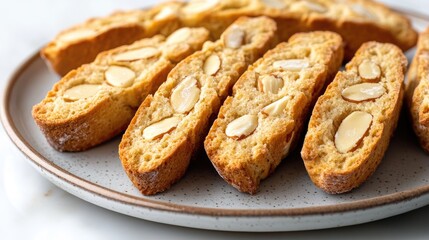 Fototapeta premium A close-up of delicate almond biscotti arranged neatly on a ceramic plate.