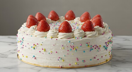 white cake with colorful sprinkle and strawberry on top.