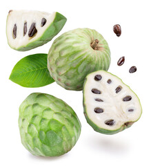 Custard apple or cherimoya fruit and slice of fruit are falling on a white background. Clipping path