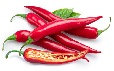 Red hot chilli peppers, chili half and green leaves isolated on white background. File contains clipping paths.
