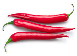 Three red hot chilli pepper isolated on white background. File contains clipping path.
