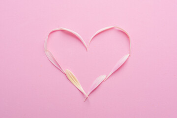 Delicate pink gerbera flower petals are arranged in a heart shape on a pink background.