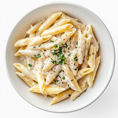 Garlic Parmesan Alfredo penne Pasta, white bowl, top view, food photography, very yummy, white background