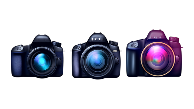 Different 3D Camera Icon Set of Three Different Poses on Transparent Background for Tech Branding, App Design, or Iconography