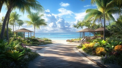 Fototapeta premium A beachfront hotel tropical garden with shaded cabanas, exotic plants, and soft sunlight.
