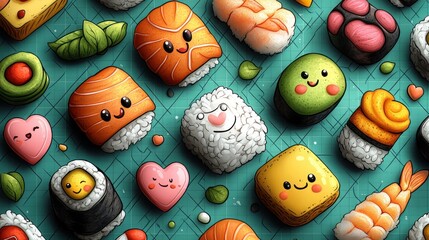 A vibrant assortment of adorable sushi pieces, each with unique expressions, beautifully arranged on a teal background.