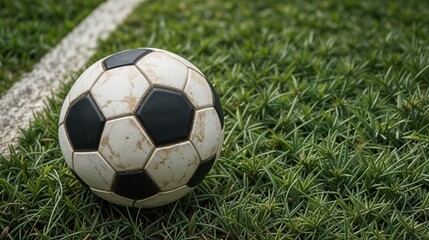 Fototapeta premium Old soccer ball on rough grass field by white line, for local sports stories, youth training concepts, or community football themes
