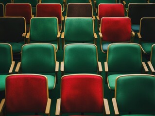 Obraz premium Rows of Empty Auditorium Seats with Green, Red, Brown, and Blue Upholstery