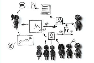 Customer journey mapping and buyer persona notes illustrate interactions and processes. This visual representation highlights flow of information and decision making in business context