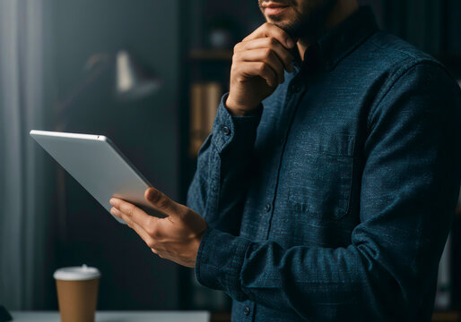 Thoughtful Developer Standing with Tablet, Reviewing New Software Data