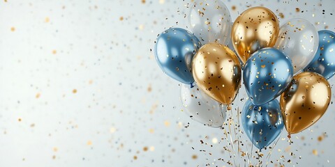 Birthday party background with golden and blue balloons and confetti, for festive invitations, celebration flyers or birthday-themed social media postspostcards, congratulations
