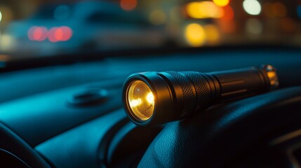 Illuminated flashlight on dashboard in nighttime car interior