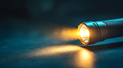 Led flashlight illuminating dark surface with soft yellow glow