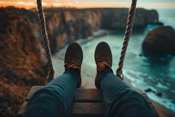 Point‑of‑view feet on a swing overlooking dramatic seaside cliffs and ocean at sunset; adventure, freedom, and thrill with travel vibes.