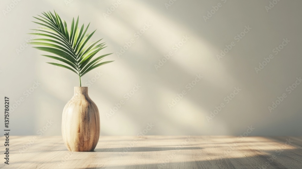 Poster a palm leaf is gracefully placed in a wooden vase on a table, adding a touch of nature and elegance 