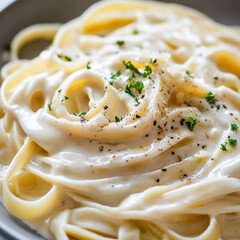 A close-up of a gourmet plate featuring creamy tagliolini pasta in a rich, velvety cream sauce infused with truffle. The pasta is elegantly 
