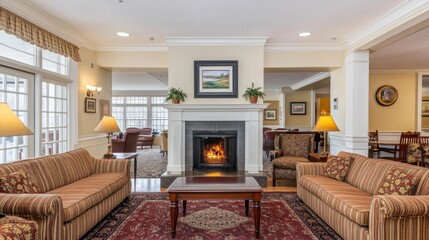 Fototapeta premium A cozy hotel lobby with plush sofas, a fireplace, and soft warm lighting.