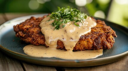 A crispy golden-brown chicken fried steak smothered in creamy white country gravy on a plate.