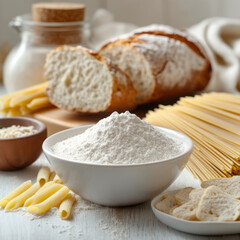 A bowl of white flour on the table, with some bread and pasta nearby. The background is a white wooden board with penne pasta and a loaf of fresh bakery 
