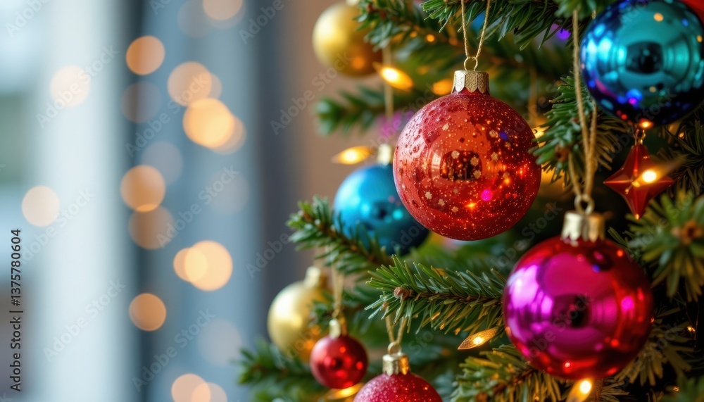 Poster the christmas tree is adorned with an array of colorful baubles, which catch the light and create a 