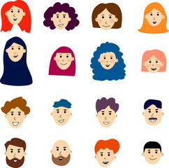 Diverse faces of people with unique hairstyles and expressions in a colorful arrangement celebrating individuality and community