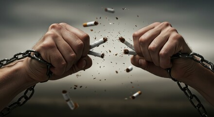 Breaking Free from Addiction Hands Breaking Cigarettes in Chains