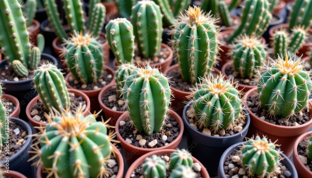 Poster a collection of various cacti in pots, ranging in height and shape, with vibrant green hues and intr