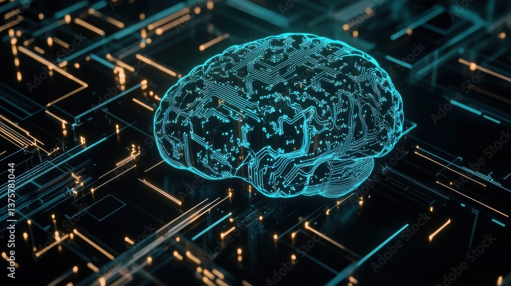 Poster a digital representation of a brain, surrounded by glowing circuitry, symbolizes the intersection of