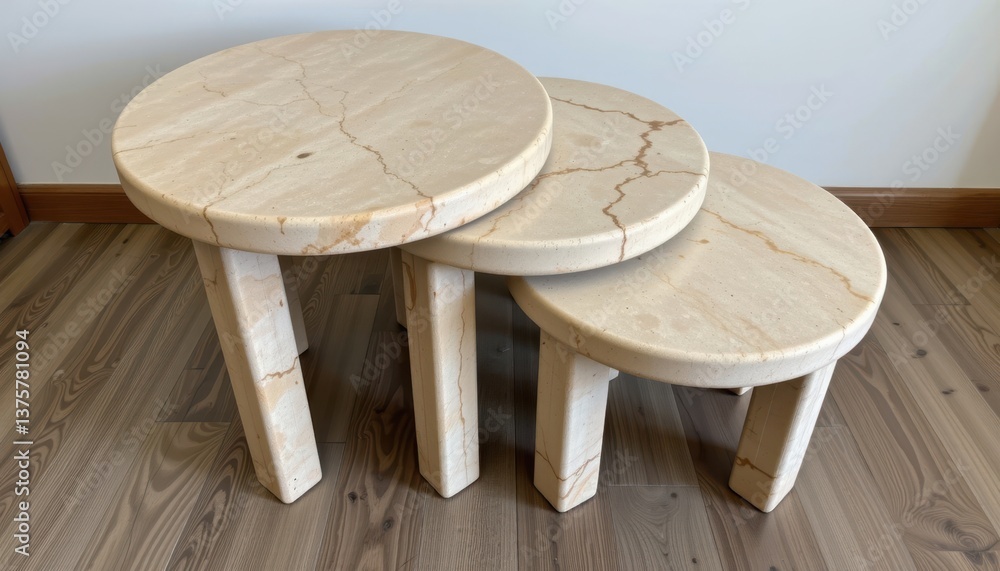 Poster A set of three circular nesting tables crafted from travertine stone, featuring a polished surface with natural variations in color and texture