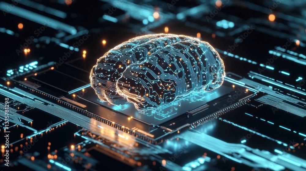 Poster a futuristic depiction of a glowing brain on a circuit board, symbolizing the intersection of techno