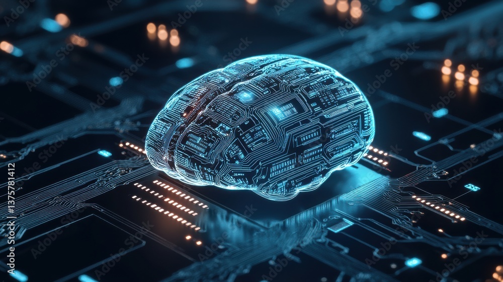 Poster a digital rendering of a brain composed of circuitry, symbolizing artificial intelligence and techno