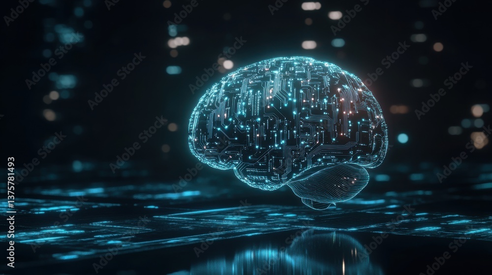 Poster a glowing, futuristic brain composed of circuits, representing the intersection of technology and ne