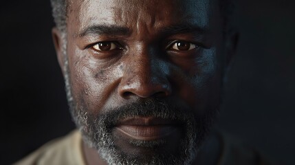 A close-up portrait of a mature man with a serious expression, showcasing deep emotions and wisdom in his eyes against a dark background.