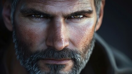 Fototapeta premium Intense close-up portrait of a rugged man with a strong jawline, piercing eyes, and a well-defined beard, showcasing depth and character in expression.