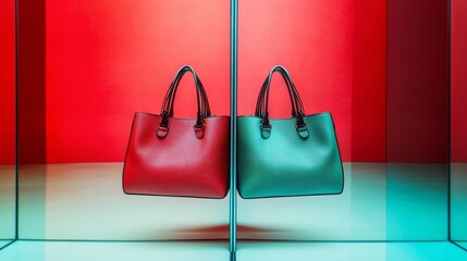 Luxury red and green handbag reflection against vibrant background