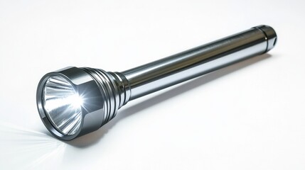 Shiny metal flashlight with reflective lens on white background
