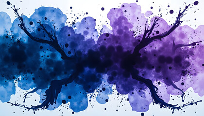 Abstract ink splatters in random, organic shapes, with deep shades of blue, black, and purple. 