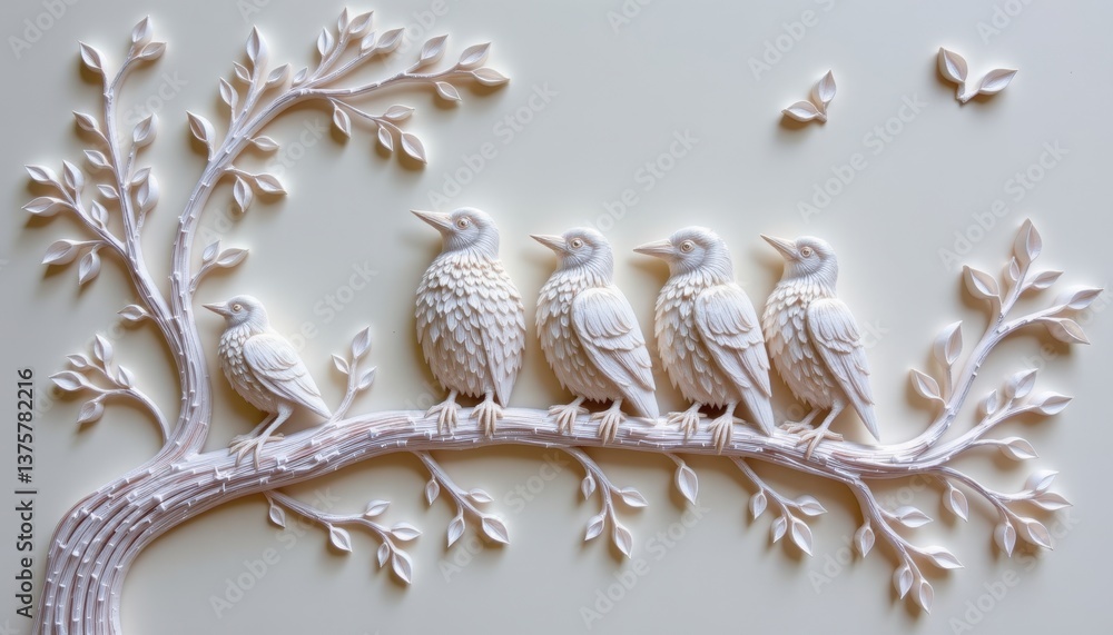 Poster using white quilling paper, create a intricate and delicate representation of a crow family perched 