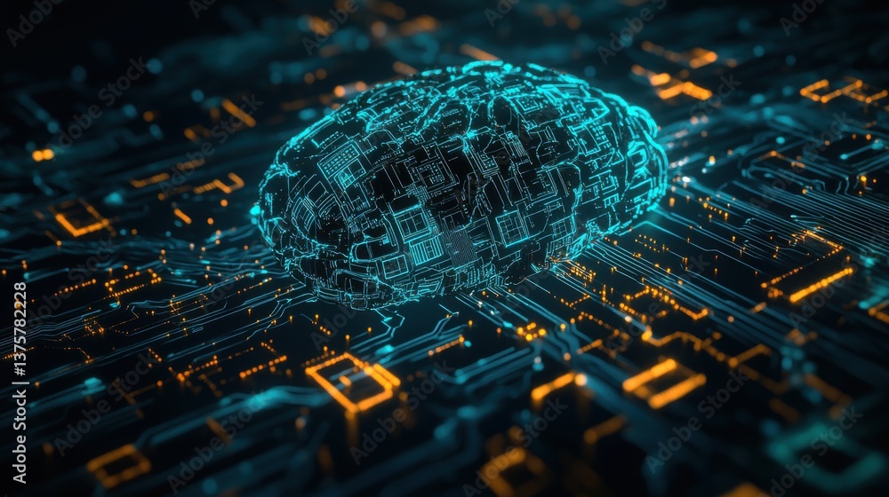Poster a futuristic representation of a brain embedded in a circuit board, showcasing advanced technology a