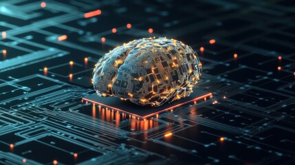A digital brain sits on a circuit board, glowing with intricate connections, symbolizing the fusion of technology and neuroscience.
