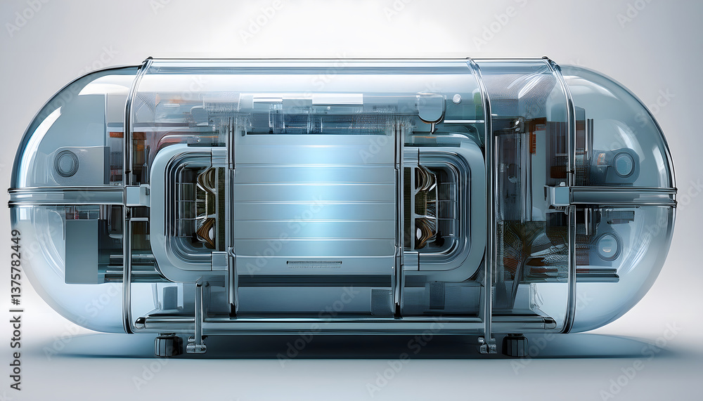 Poster transparent futuristic capsule design showcasing intricate machinery and glowing elements, set again