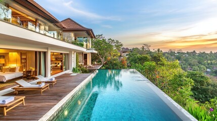 Fototapeta premium A high-end resort private villa with an infinity pool, wooden deck, and a tropical garden.